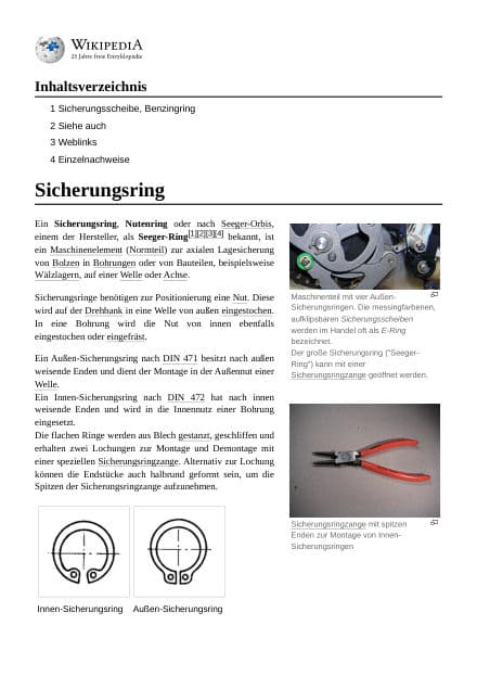 Retaining rings (circlips): first page of the German original